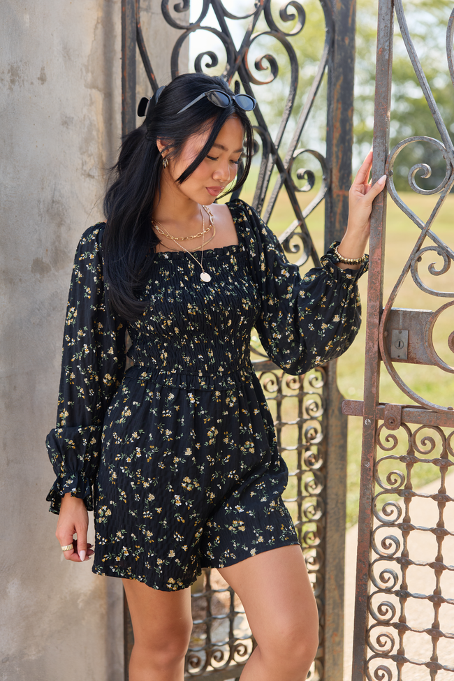 A Moment To Remember Black Floral Ruffle Romper