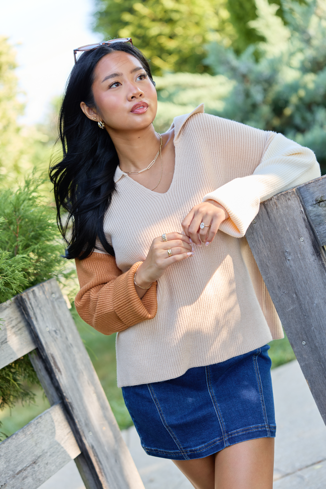 A Timeless Touch Neutral Color Block V-Neck Sweater