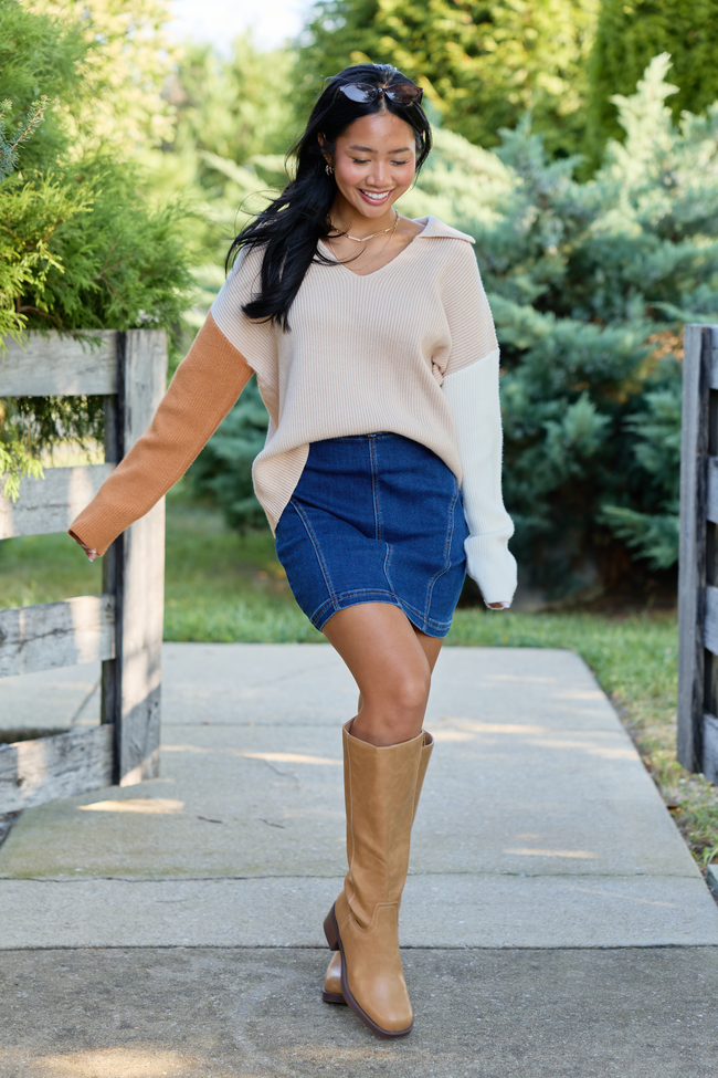 A Timeless Touch Neutral Color Block V-Neck Sweater