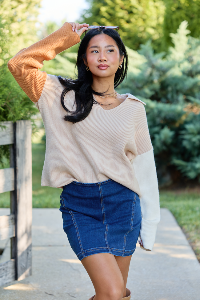 A Timeless Touch Neutral Color Block V-Neck Sweater