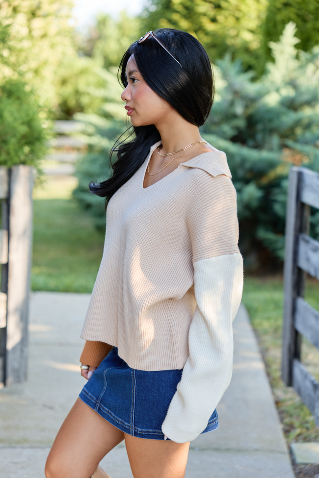 A Timeless Touch Neutral Color Block V-Neck Sweater