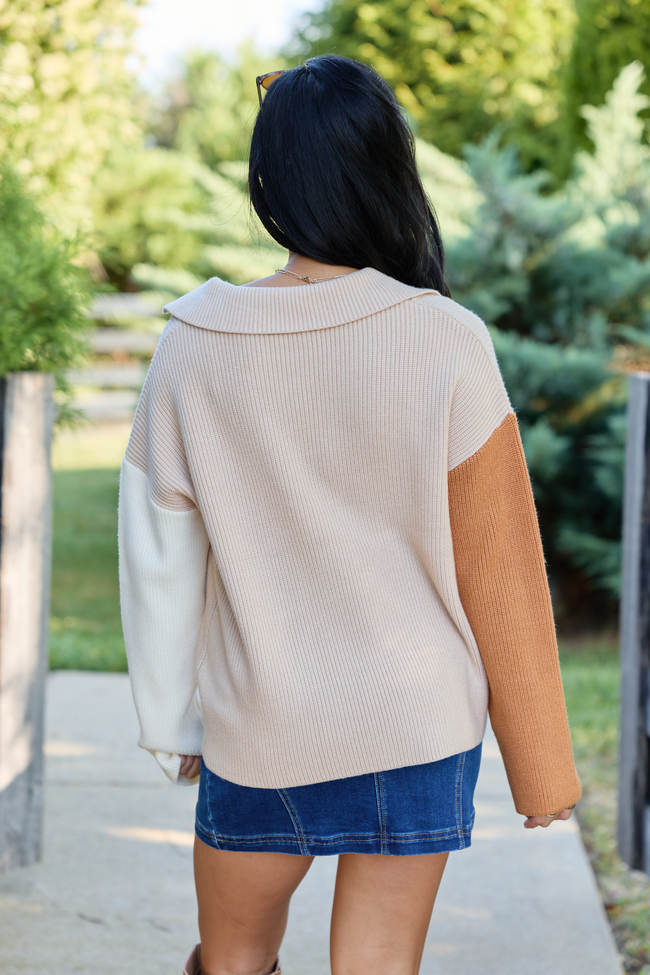 A Timeless Touch Neutral Color Block V-Neck Sweater