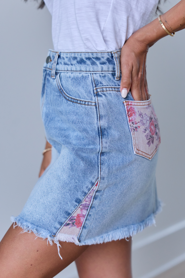 Addison Floral Inset Denim Mini Skirt FINAL SALE