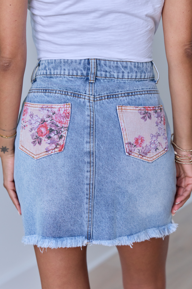 Addison Floral Inset Denim Mini Skirt FINAL SALE