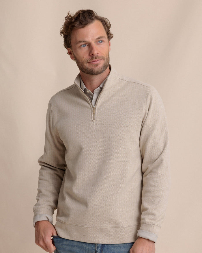 The front view of the Southern Tide Adler Lane Quarter Zip by Southern Tide - Sandstone Khaki