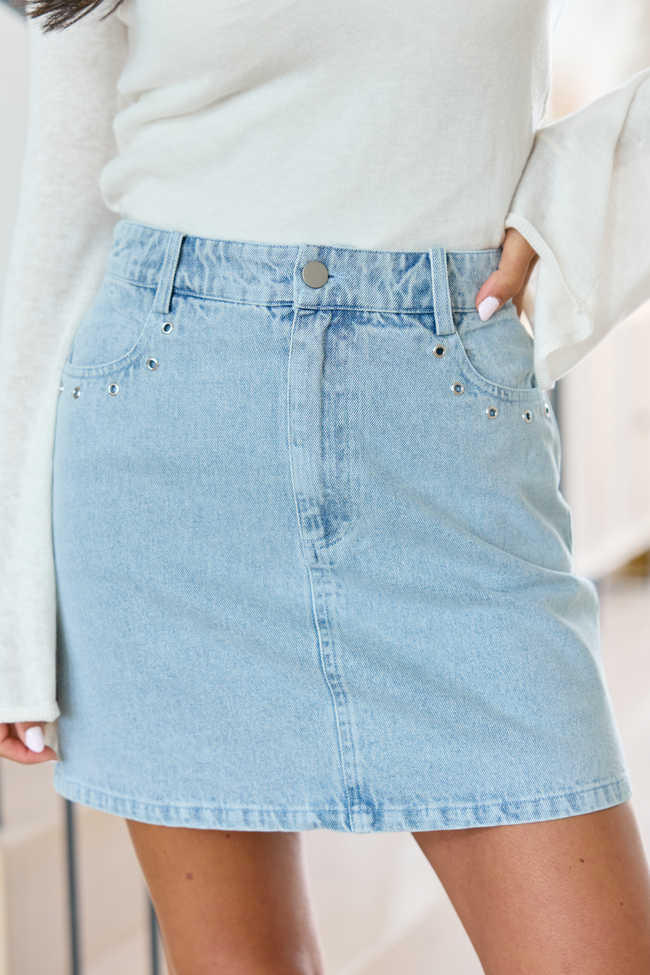 Adrian Studded Light Wash Denim Mini Skirt FINAL SALE