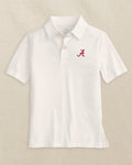 The front view of the Southern Tide Alabama Crimson Tide Boys Driver Performance Polo Shirt by Southern Tide - Classic White