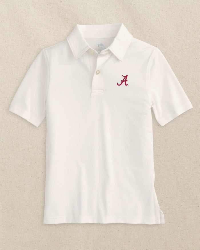 The front view of the Southern Tide Alabama Crimson Tide Boys Driver Performance Polo Shirt by Southern Tide - Classic White
