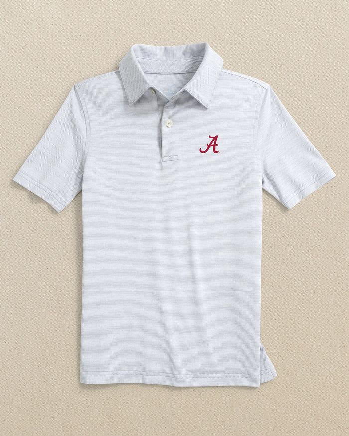 The front view of the Southern Tide Alabama Crimson Tide Boys Driver Spacedye Performance Polo Shirt by Southern Tide - Slate Grey