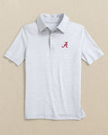 The front view of the Southern Tide Alabama Crimson Tide Boys Driver Spacedye Performance Polo Shirt by Southern Tide - Slate Grey