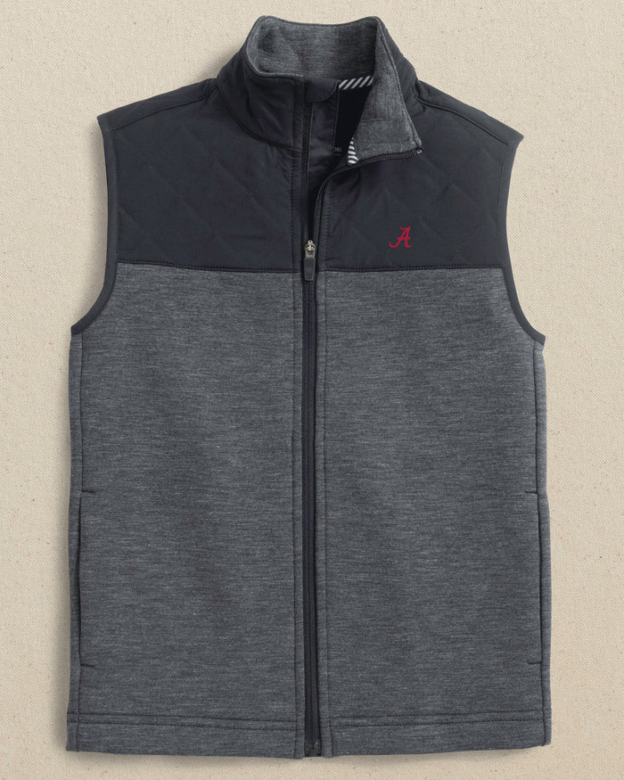 The front view of the Southern Tide Alabama Boys Waterfront Quilted Vest by Southern Tide - Caviar Black