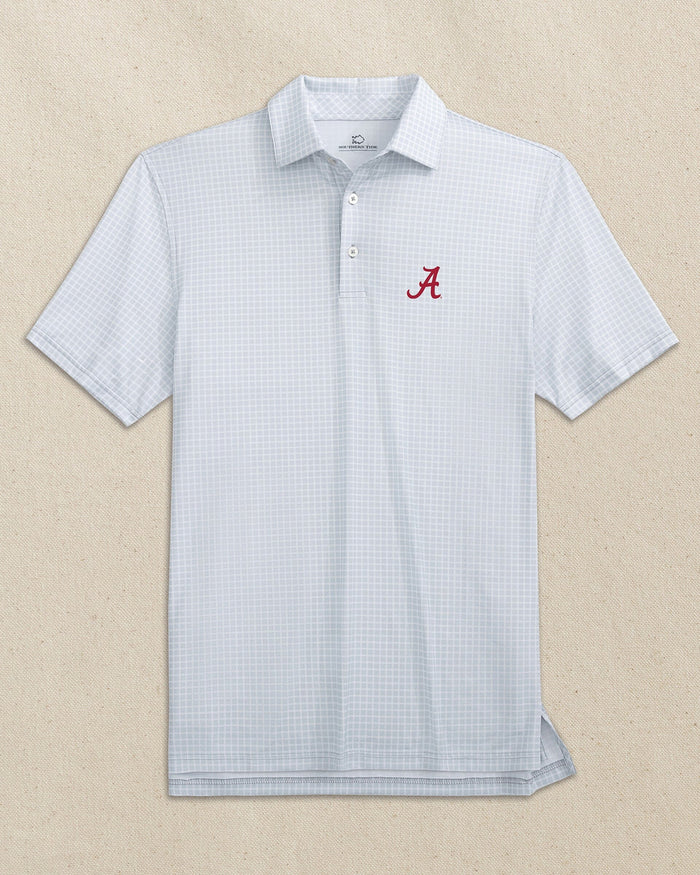 The front view of the Southern Tide Alabama Crimson Tide Driver Dunes Edge Plaid Polo by Southern Tide - Slate Grey