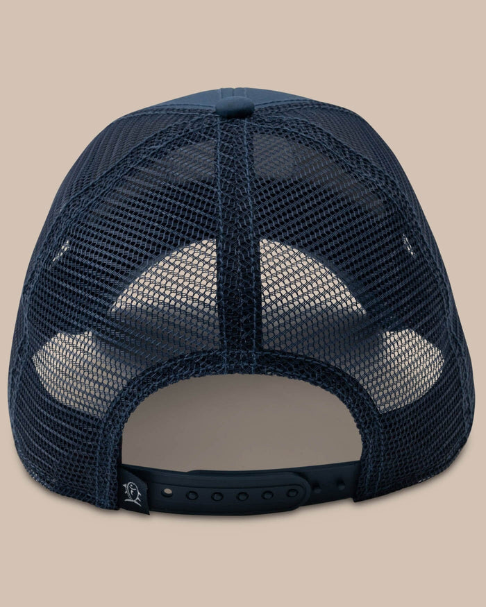 The back view of the Men's Alabama Patch Performance Trucker Hat by Southern Tide - Seven Seas Blue
