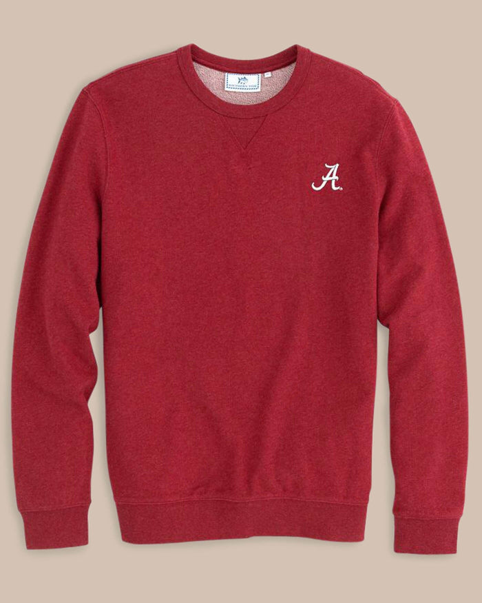 The front view of the Men's Red Alabama Upper Deck Pullover Sweatshirt by Southern Tide - Heather Crimson