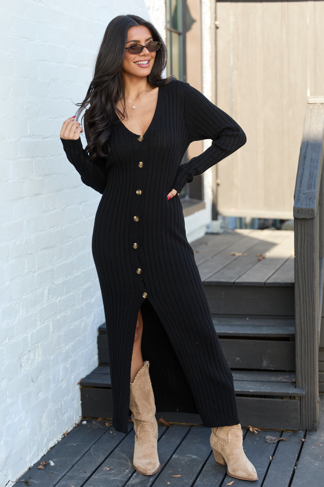 Alannah Black Button Front Sweater Dress FINAL SALE