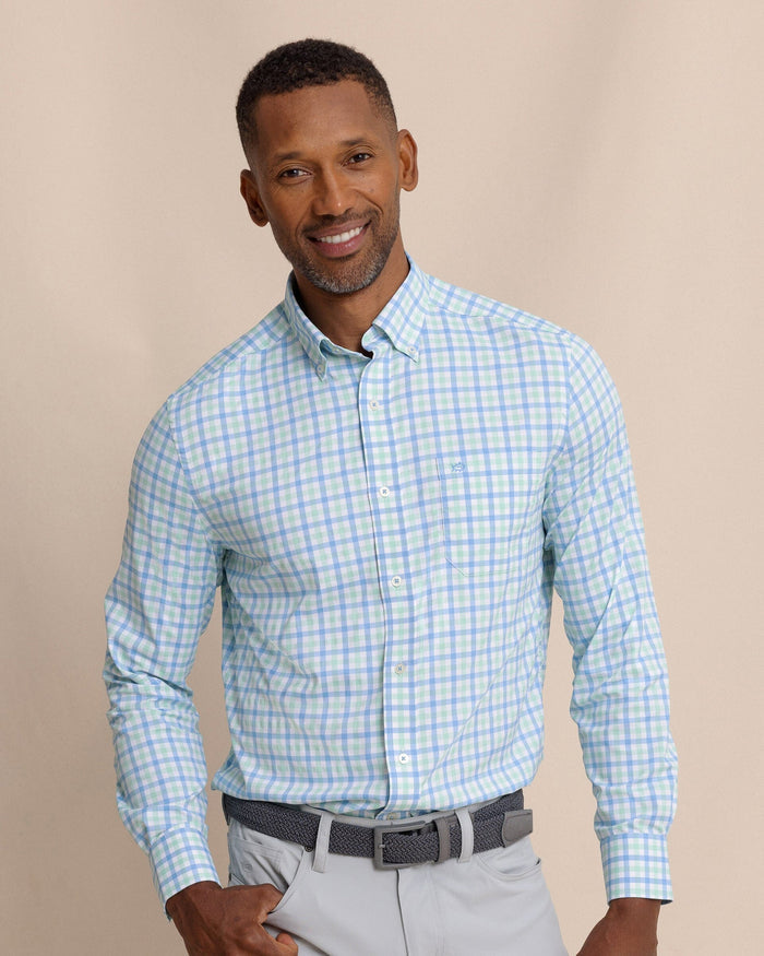 The front view of the Southern Tide Albemarle Gingham brrr°® Intercoastal Sport Shirt by Southern Tide - Boat Blue