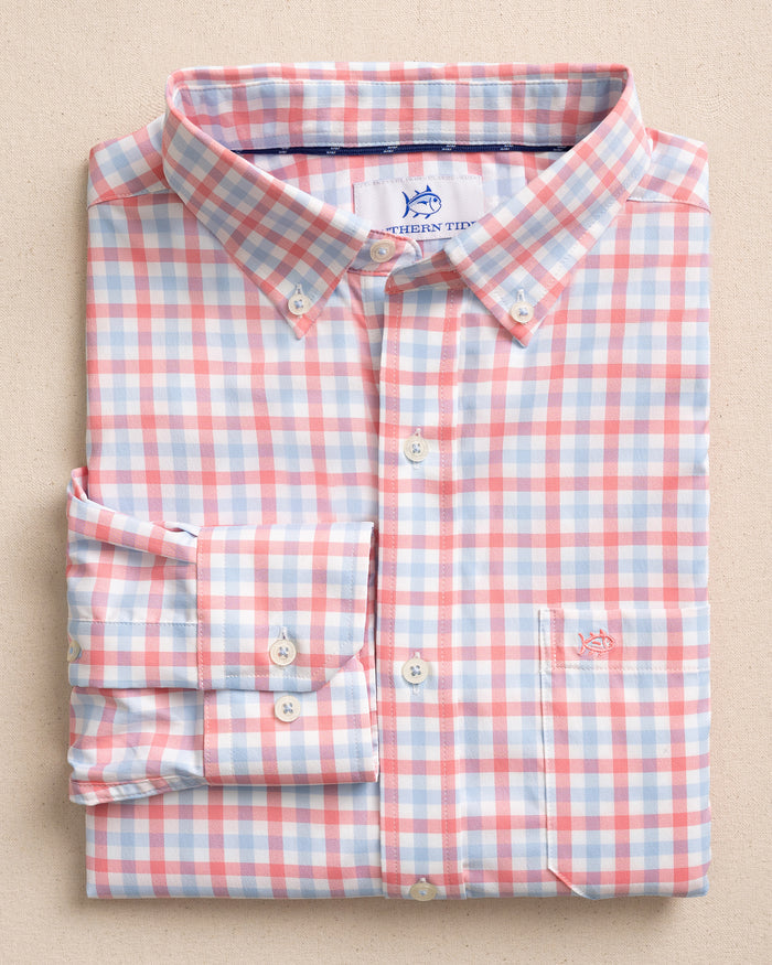 The front view of the Southern Tide Albemarle Gingham brrr°® Intercoastal Sport Shirt by Southern Tide - Sunkist Coral