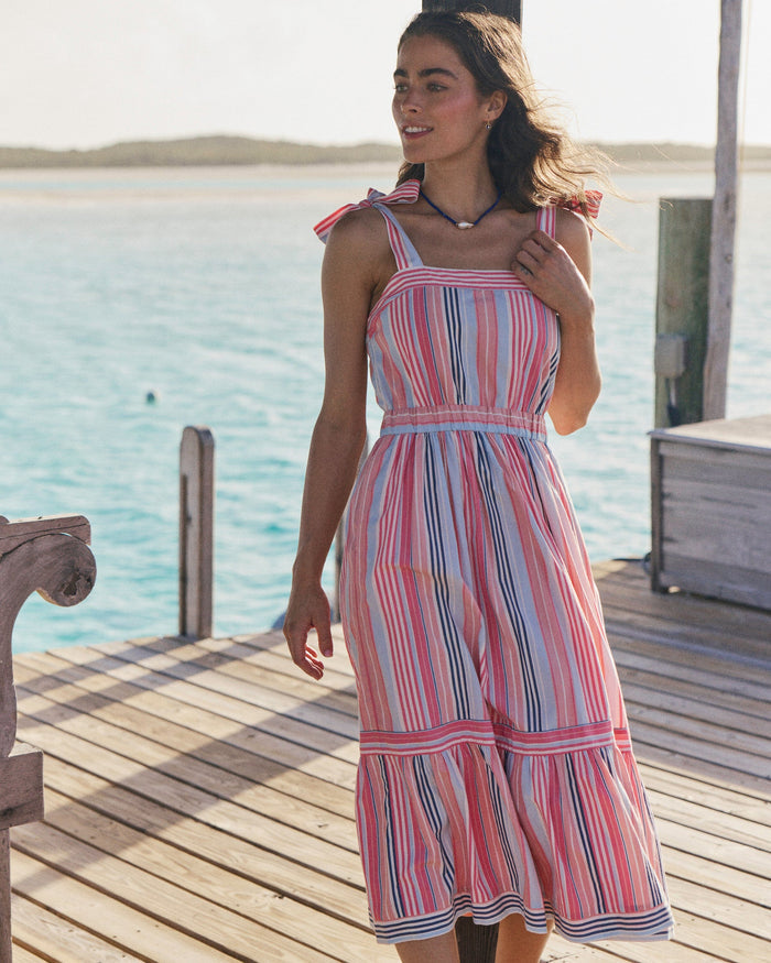 The lifestyle view of the Southern Tide Alexandrea Midi Dress by Southern Tide - Peaches N' Cream