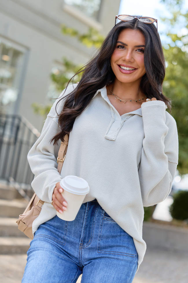 All The While Waffle Knit Oversized Long Sleeve Top Beige