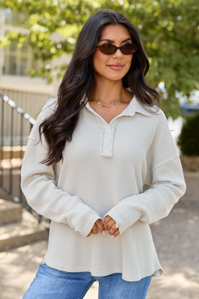 All The While Waffle Knit Oversized Long Sleeve Top Beige