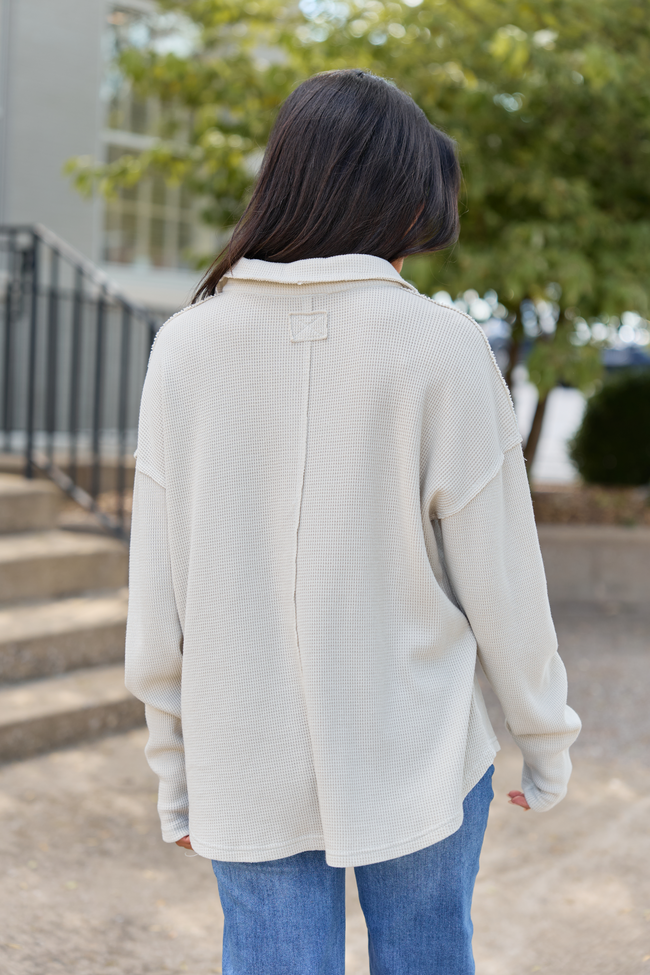 All The While Waffle Knit Oversized Long Sleeve Top Beige