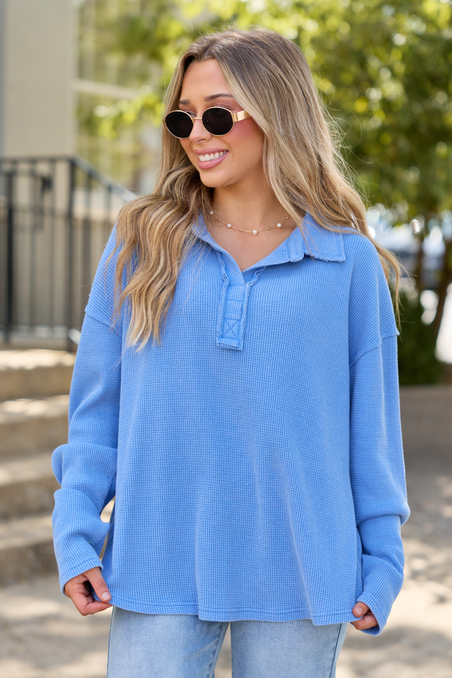 All The While Waffle Knit Oversized Long Sleeve Top Blue