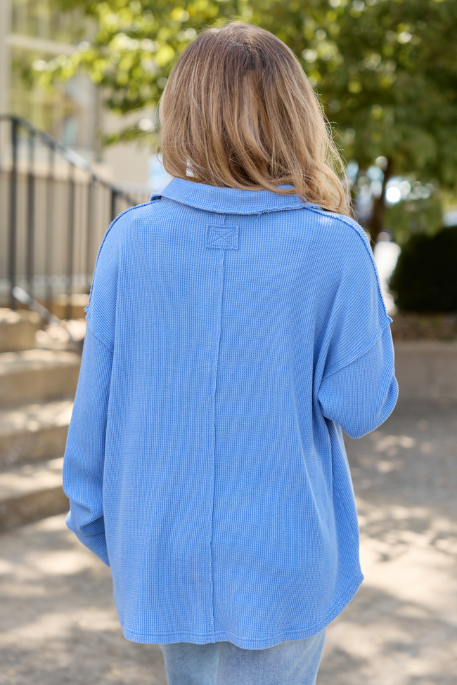 All The While Waffle Knit Oversized Long Sleeve Top Blue