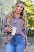 All The While Waffle Knit Oversized Long Sleeve Top Plum