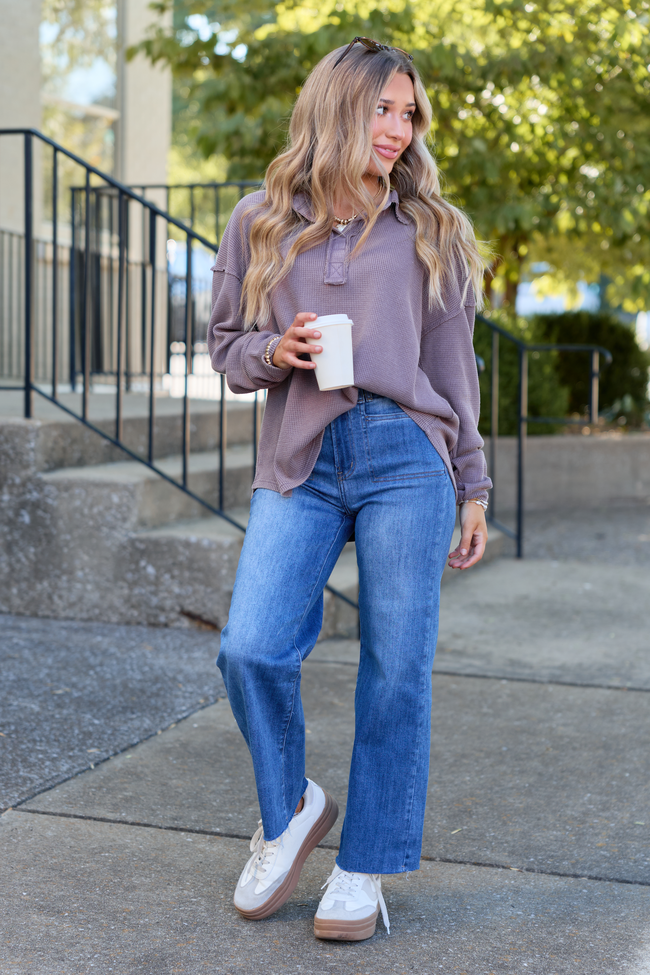 All The While Waffle Knit Oversized Long Sleeve Top Plum