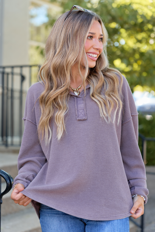 All The While Waffle Knit Oversized Long Sleeve Top Plum