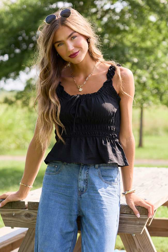 Amber Evening Black Smocked Front Tie Tank