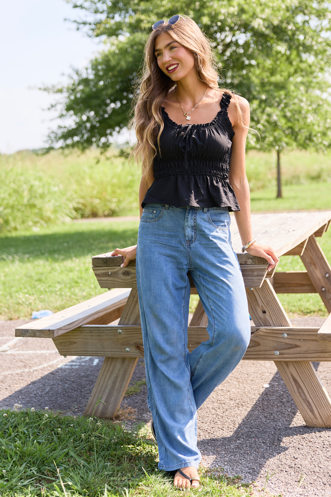 Amber Evening Black Smocked Front Tie Tank