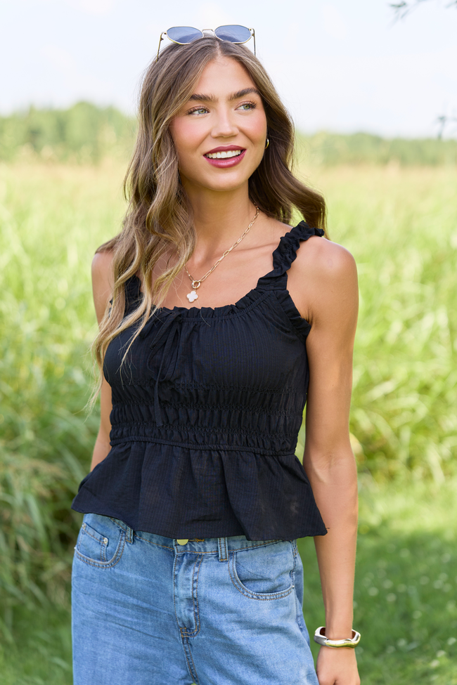Amber Evening Black Smocked Front Tie Tank