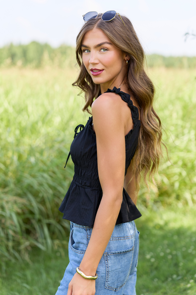 Amber Evening Black Smocked Front Tie Tank