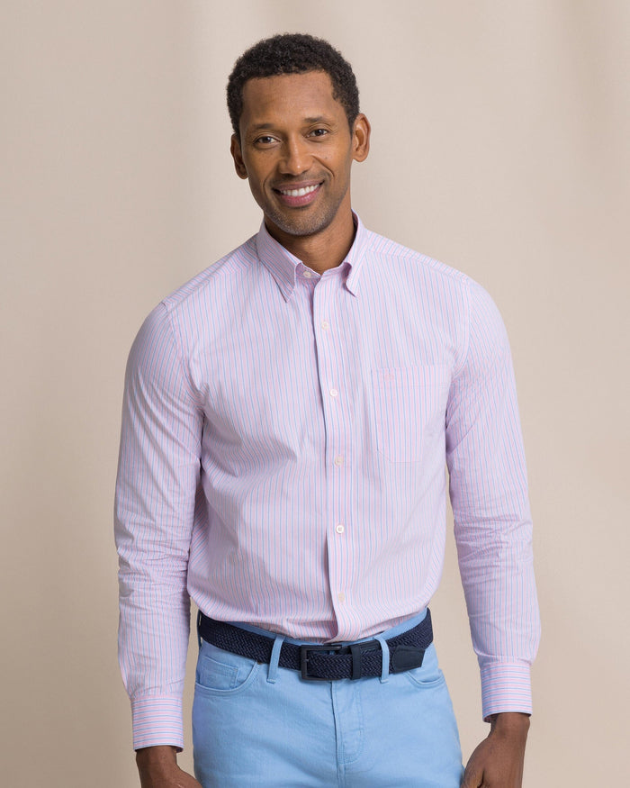 The front view of the Southern Tide Amelia Island Stripe Charleston Sport Shirt by Southern Tide - Sea Pink