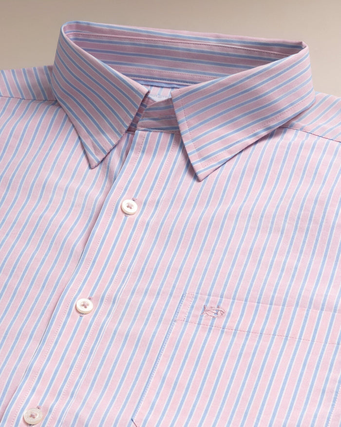 The detail view of the Southern Tide Amelia Island Stripe Charleston Sport Shirt by Southern Tide - Sea Pink