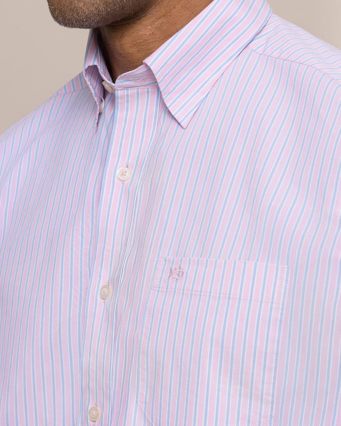 The detail view of the Southern Tide Amelia Island Stripe Charleston Sport Shirt by Southern Tide - Sea Pink