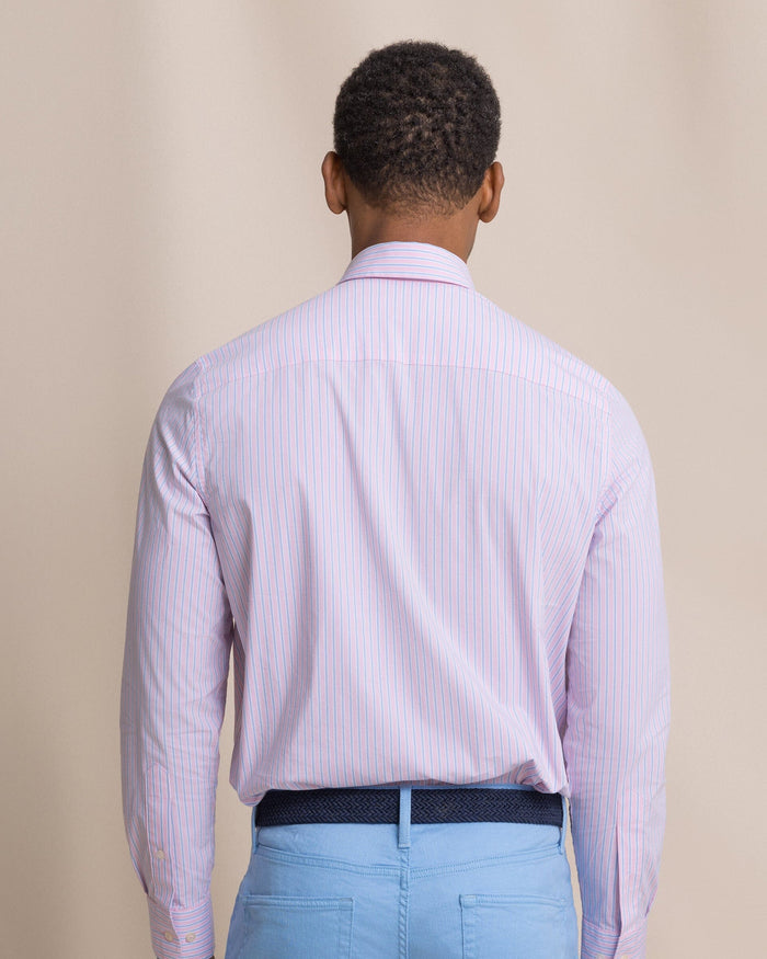 The back view of the Southern Tide Amelia Island Stripe Charleston Sport Shirt by Southern Tide - Sea Pink