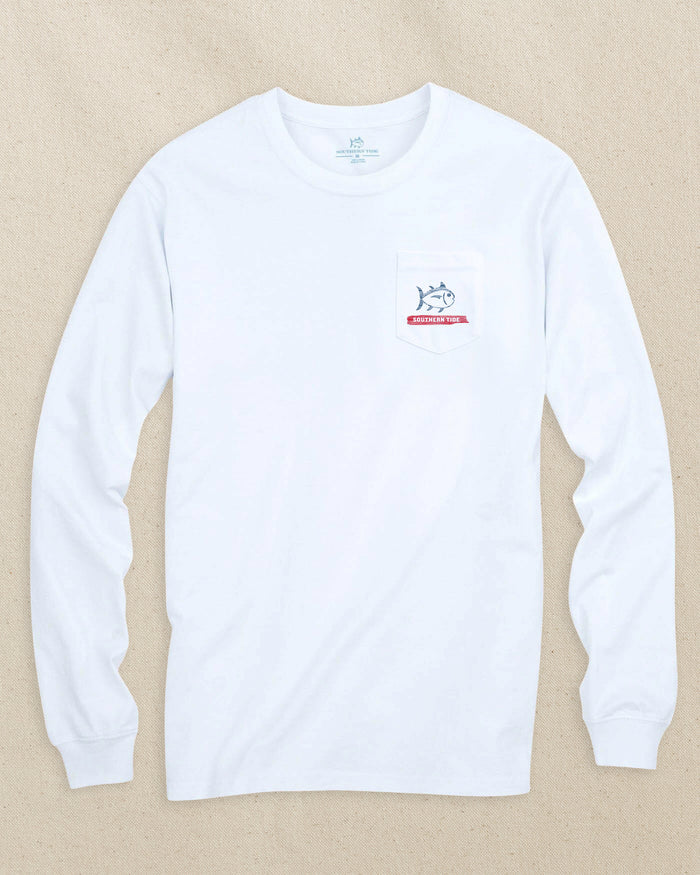 The front view of the Southern Tide Americana Wooden Flag Long Sleeve T-Shirt by Southern Tide - Classic White