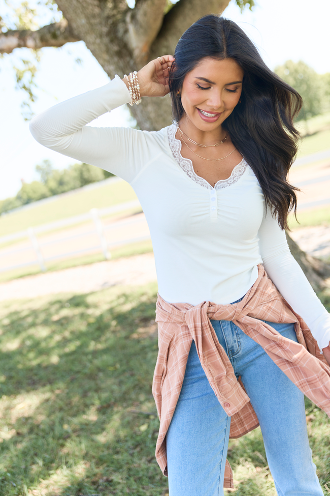 Amity Long Sleeve Ivory Lace Trim Top