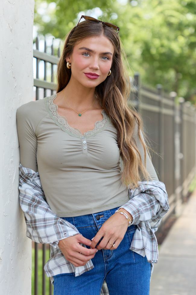 Amity Long Sleeve Olive Lace Trim Top
