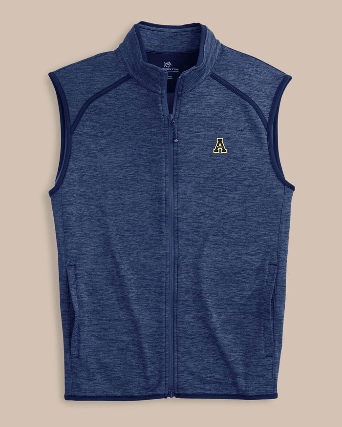 The front view of the Southern Tide App State Baybrook Heather Vest by Southern Tide - Heather Navy