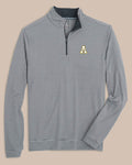 The front view of the App State Cruiser Micro-Stripe Heather Quarter Zip by Southern Tide - Heather Black