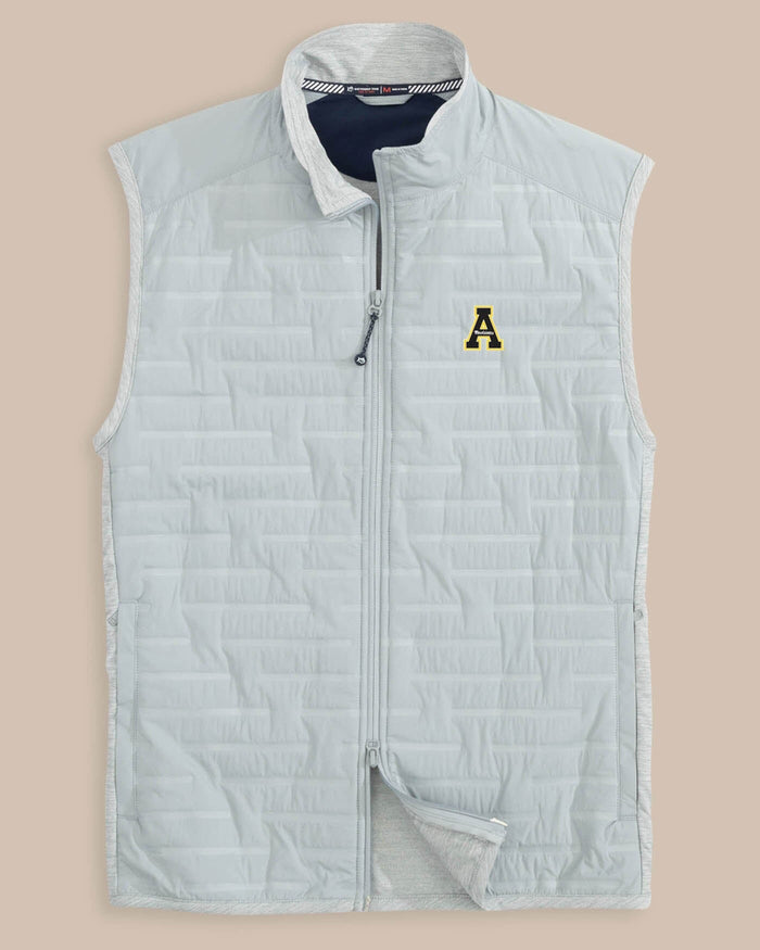 The front view of the Southern Tide App State Mountaineers Abercorn Vest by Southern Tide - Gravel Grey
