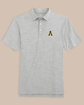 The front of the Appalachian State Driver Spacedye Polo by Southern Tide - Black