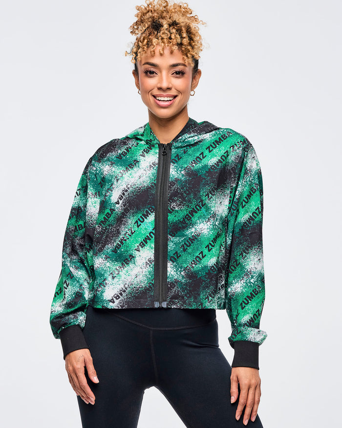 Black/Green # Apres Zumba Crop Woven Zip-Up Hoodie