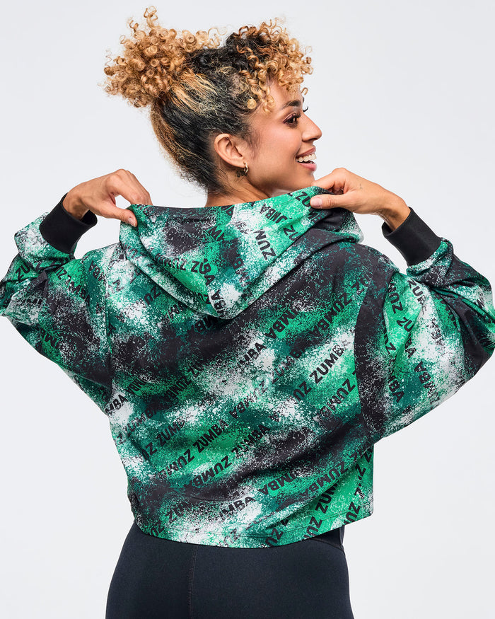 Black/Green # Apres Zumba Crop Woven Zip-Up Hoodie