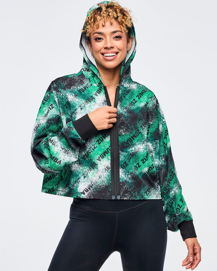Black/Green # Apres Zumba Crop Woven Zip-Up Hoodie