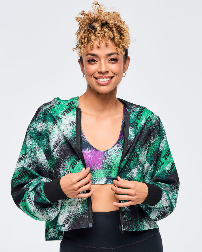 Black/Green # Apres Zumba Crop Woven Zip-Up Hoodie
