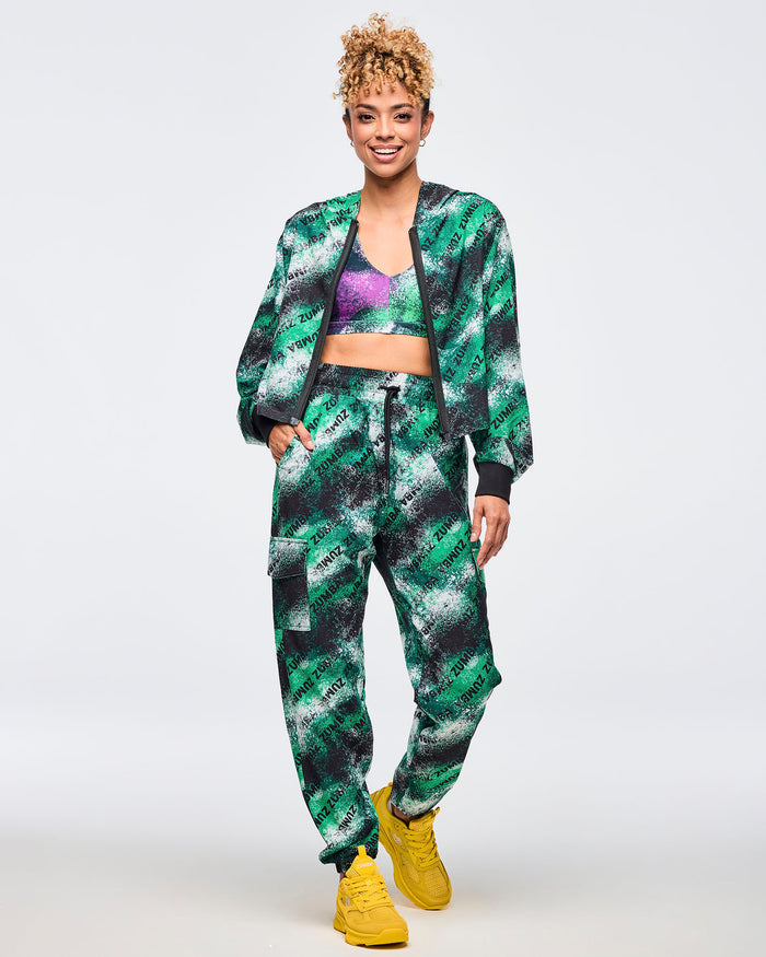 Black/Green # Apres Zumba Crop Woven Zip-Up Hoodie